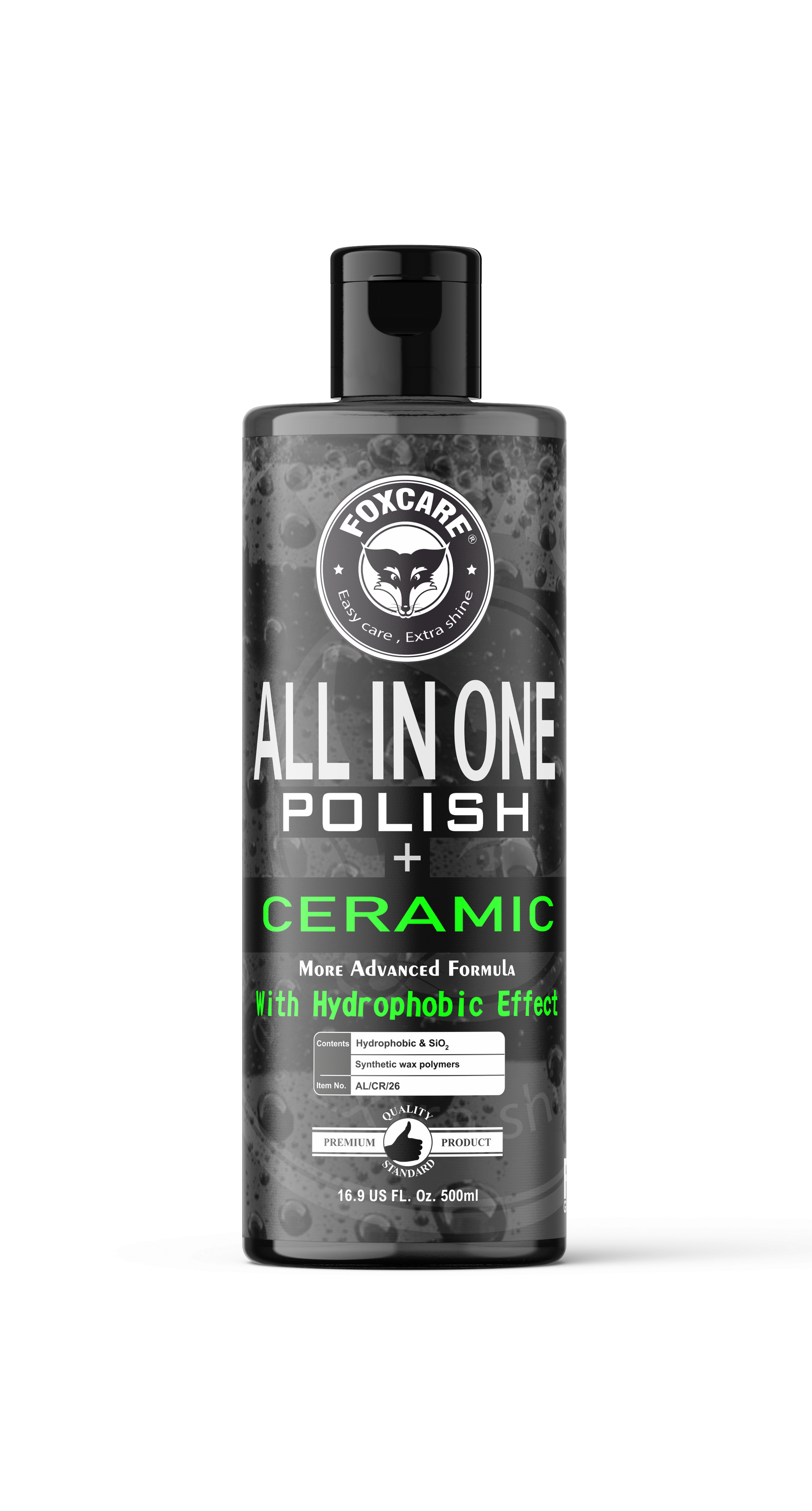 Foxcare All in One Polish + Ceramic, with hydrophobic effects,more advanced formula for Multipurpose Liquid Car & Bike Polish Also Suitable for Dashboard, Restores Faded Plastic & Fiber – (500ml) - Foxcare Industries