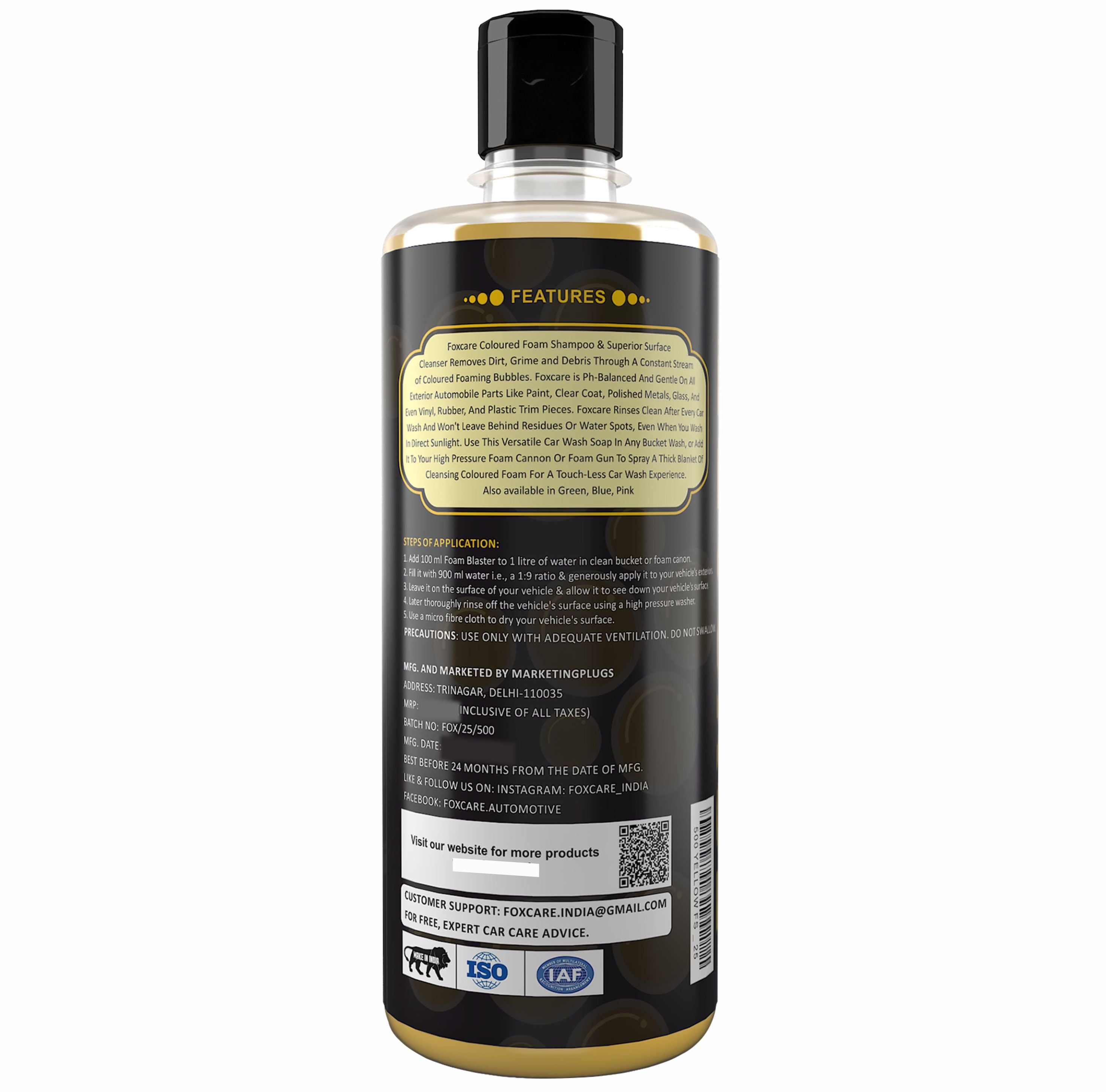 Foxcare Yellow Colour Foam Car Shampoo | Produces Thick Yellow Colour Foam - 500ml - Foxcare Industries